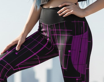 Pink Cyber Wear Leggings | Circuit Futuristic Pattern | Black & Magenta Yoga Pants | Modern Streetwear Leggings