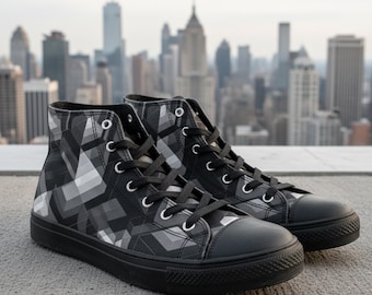 Futuristic Geometric High Top Sneakers | Custom Canvas Shoes | Urban Techwear Footwear