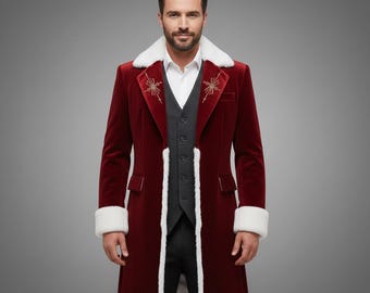 Può includere: Un cappotto di velluto bordeaux con finiture in ecopelliccia bianca sul colletto e sui polsini. Il cappotto presenta disegni di fiocchi di neve ricamati in oro sui revers. Indossato sopra un gilet grigio e una camicia bianca.