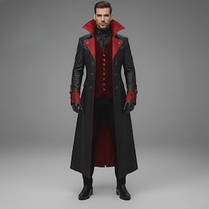 May include: A long black coat with red accents, featuring a high collar and a red vest. The coat has red cuffs and a button-down front. The person is wearing black gloves and black pants. The coat is a stylish piece of outerwear.