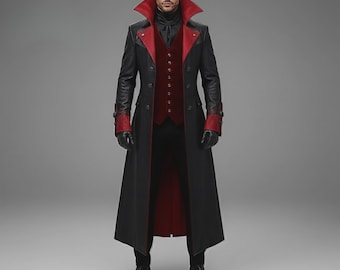 Men’s Gothic Vampire Coat – Black & Red Trench Coat, Dracula Costume, Victorian Gothic Jacket, Halloween Cosplay Outfit, Dark Fashion Coat