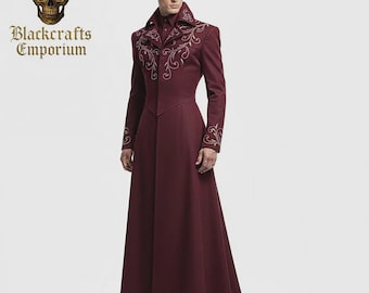 Handmade Red Gothic Duster Coat, Embroidered Vampire Steampunk Aristocrat