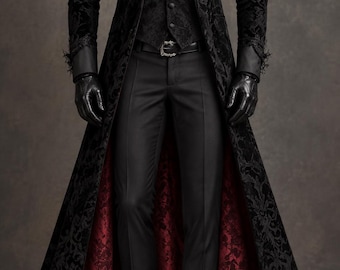 May include: A long black coat with a dark floral pattern and a deep red lining, worn over a black vest, shirt, and trousers. The ensemble includes a red patterned tie, a matching pocket square, black leather gloves, and black dress shoes.