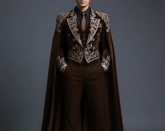 Conjunto de abrigo con capa bordada de terciopelo para hombre, traje gótico victoriano, atuendo de boda, traje de graduación, esmoquin de novio, disfraz de fantasía de lujo.