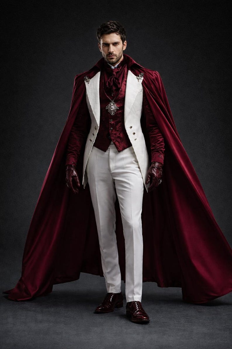 Vampire Formal Men’s Vampire Costume Cape Set – Burgundy Satin Cloak, Victorian Gothic ...