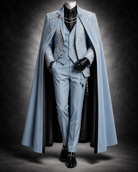 Men's Light Blue Embroidered Suit with Cape, Victorian Wedding Groom Outfit, Royal Formal Wear, Prince Costume, Luxury Menswear