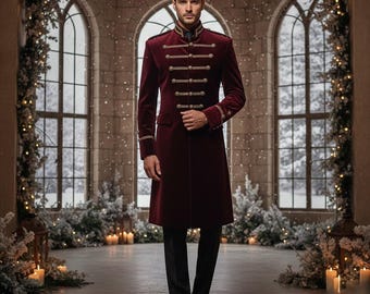 Herren Burgunder Samtjacke - Gold Geflochtener Langer Mantel - Viktorianischer Stil Goth Steampunk Parade Jacke - Handgemachte Offiziersuniform.