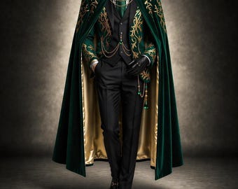 Smaragdgrüner bestickter Herrenanzug mit Umhang – Luxuriöse viktorianische Gothic-Formkleidung, Hochzeitsoutfit mit Golddetails, königliches Cosplay-Kostüm
