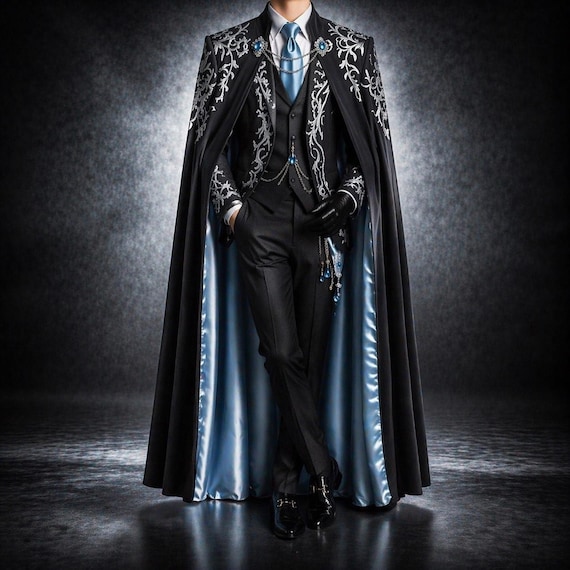 Men’s Gothic Victorian Suit with Cape, Luxury Embroidered Formal Wear, Regal Wedding Outfit, Fantasy Cosplay Costume, Elegant Black Suit Set