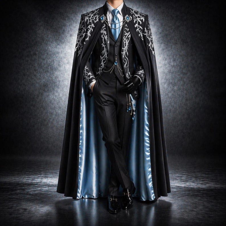 Herren Gothic viktorianischer Anzug mit Umhang, luxuriöse bestickte Abendkleidung, königliches Hochzeitsoutfit, Fantasy Cosplay Kostüm, elegantes schwarzes Anzugset Bild 1