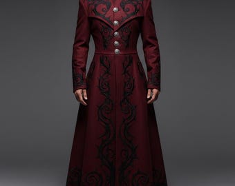 Men's Gothic Victorian Coat - Maroon Wool Coat - Steampunk Vampire Jacket - Long Trench Coat.