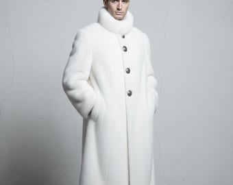 Luxury Men's Mink Faux Fur Coat with Silver Buttons - Gothic Winter Overcoat.