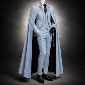 Men's Light Blue Embroidered Suit with Cape, Victorian Wedding Groom Outfit, Royal Formal Wear, Prince Costume, Luxury Menswear image 2