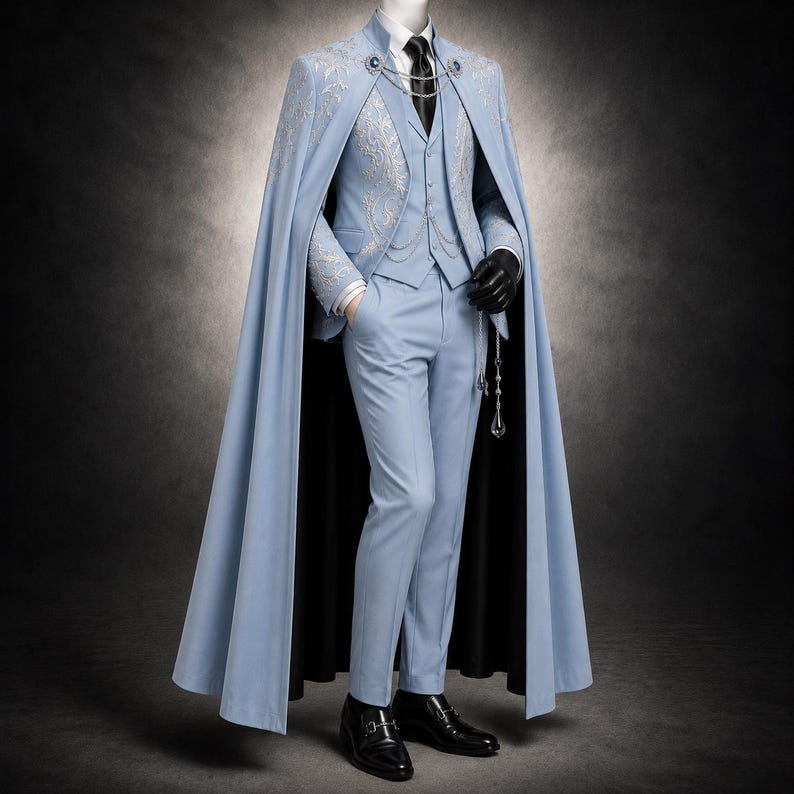 Men's Light Blue Embroidered Suit with Cape, Victorian Wedding Groom Outfit, Royal Formal Wear, Prince Costume, Luxury Menswear image 2