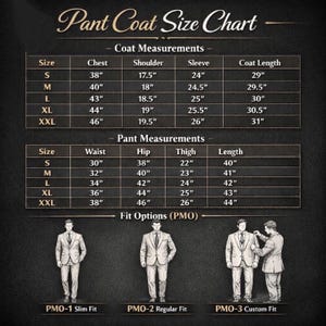 Pode incluir: Uma tabela de tamanhos preta e dourada intitulada Pant Coat Size Chart com duas se&ccedil;&otilde;es listando medidas em polegadas para palet&oacute;s e cal&ccedil;as de S a XXL. Abaixo, tr&ecirc;s ilustra&ccedil;&otilde;es mostram as op&ccedil;&otilde;es de ajuste PMO-1 Slim, Regular e Custom.