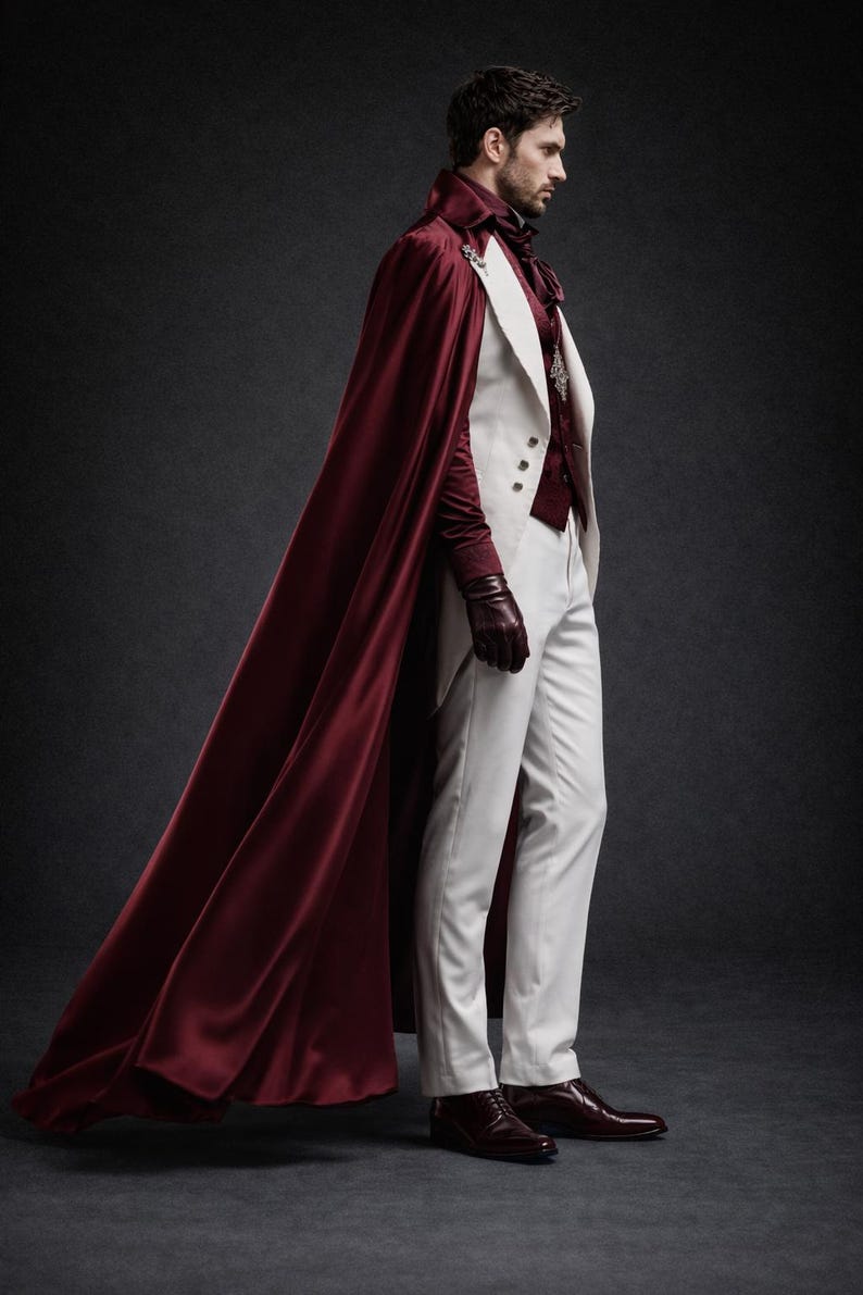 Vampire Robe Men Men’s Vampire Costume Cape Set – Burgundy Satin Cloak, Victorian Gothic ...