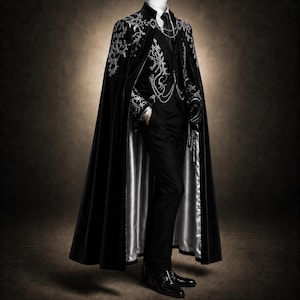 Terno masculino preto e prateado bordado com capa, traje gótico vitoriano para noivo, roupa formal real, vestuário masculino de luxo. imagem 2