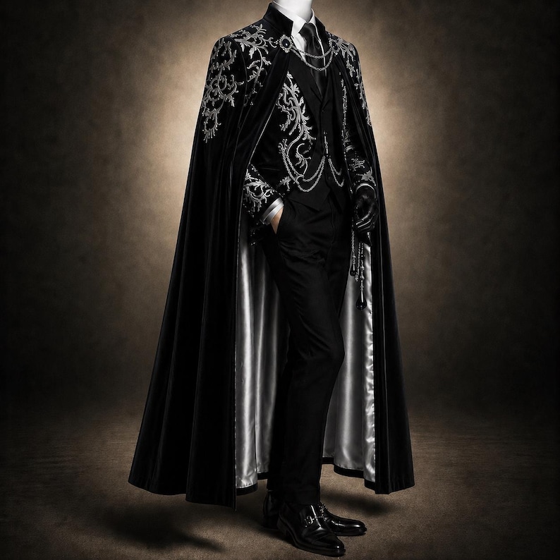 Terno masculino preto e prateado bordado com capa, traje gótico vitoriano para noivo, roupa formal real, vestuário masculino de luxo. imagem 2