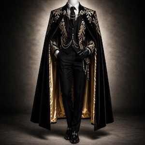 Op de afbeelding: Een zwart pak bestaande uit een gilet, pantalon en een lange cape met gouden borduursels. De cape heeft een gouden voering en het gilet is versierd met een gouden ketting. Het ensemble bevat een wit overhemd, een zwarte das en zwarte leren schoenen.