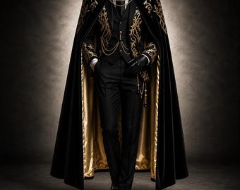 Terno masculino preto com bordados dourados e capa, traje gótico vitoriano para noivo, roupa formal real, vestuário masculino barroco de luxo.