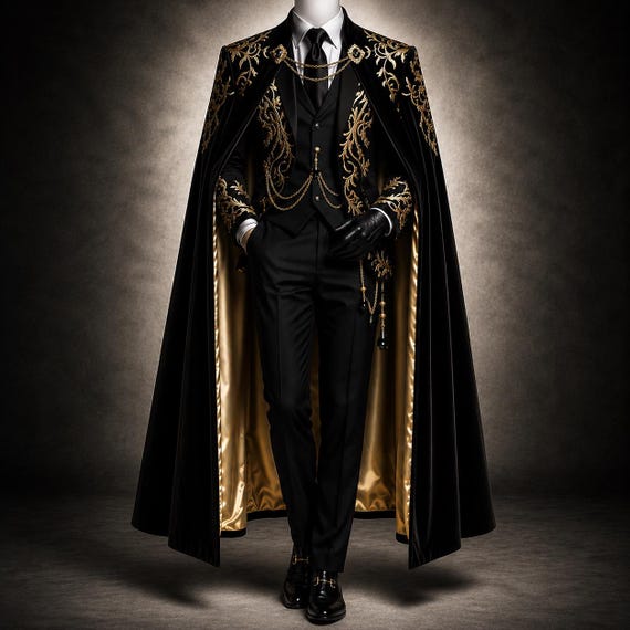 Men's Black Gold Embroidered Suit with Cape, Gothic Victorian Wedding Groom Outfit, Royal Formal Wear, Luxury Baroque Menswear