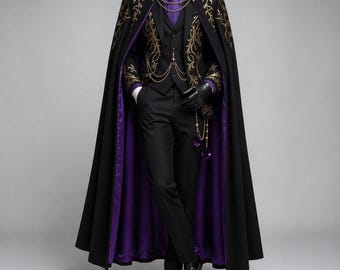 Bestickter Gothic Herrenanzug mit Umhang in Schwarz und Violett – luxuriöse viktorianische Abendkleidung, königliches Hochzeitsoutfit, Vampir-Cosplay-Kostüm