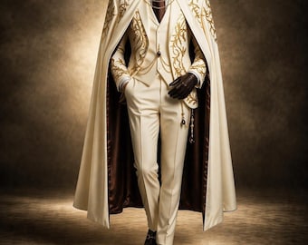 May include: Ivory suit with gold embroidery, a matching vest, and trousers. The ensemble includes a cape with a brown lining, a brown tie, and dark brown leather gloves. The suit is paired with black dress shoes.