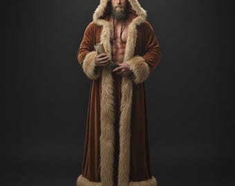 Viking inspired Faux Fur Coat, Mens Overcoat, Burning Man Festival jacket, Medieval Coat, Velvet Winter Coat in brown color.