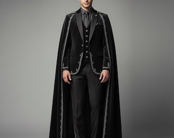 Traje de terciopelo negro para hombre con capa / Esmoquin de boda bordado / Traje de novio de 3 piezas / Traje de fiesta real.