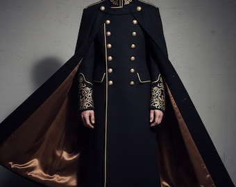 Abrigo militar de lujo para hombre con capa - Chaqueta larga negra - Traje de novio real estilo steampunk victoriano - Abrigo formal gótico.