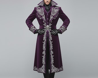 Men’s Gothic Warm Embroidered Tailcoat – Victorian Trench Warm Jacket, Steampunk Festival Coat, Gothic Aristocrat Overcoat, Velvet Long Coat