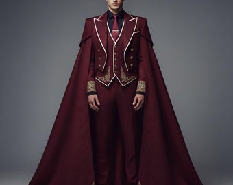 Traje de 4 piezas color burdeos real para hombre con capa / Esmoquin de boda / Traje estilo gótico victoriano / Traje real hecho a medida.