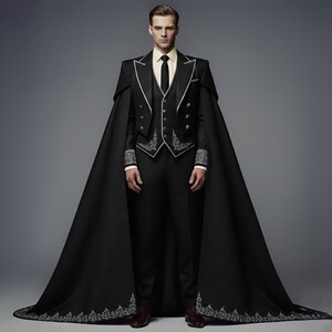 May include: A formal black suit with a matching cape. The suit features a black jacket with gold buttons and white trim, a vest, and black pants. The cape is long and flowing, with decorative silver embroidery. The person is wearing a white shirt and black tie.