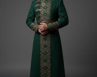 Men's Green Steampunk Coat - Military Style Jacket - Gothic Victorian Long Coat - Cosplay Costume.