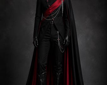 Könnte beinhalten: Eine schwarze Jacke mit Stehkragen und roter Schärpe, ein langer schwarzer Umhang mit rotem Innenfutter, eine schwarze Hose und schwarze Lederstiefel. Das Outfit umfasst silberne Kettenverzierungen, eine Schulterbrosche und schwarze Lederhandschuhe.