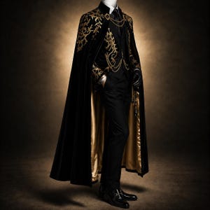 May include: A black velvet cape featuring intricate gold embroidery on the shoulders and upper back, worn over a black suit with a matching vest. The cape is lined with gold fabric and includes a gold chain closure at the neck and black dress shoes.
