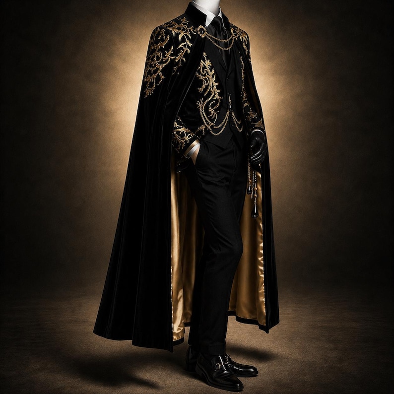 May include: A black velvet cape featuring intricate gold embroidery on the shoulders and upper back, worn over a black suit with a matching vest. The cape is lined with gold fabric and includes a gold chain closure at the neck and black dress shoes.