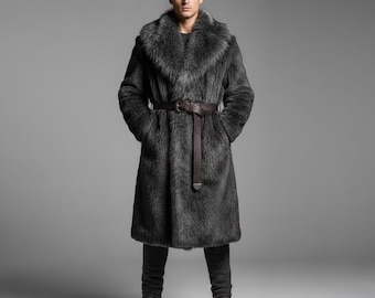 Viking inspired Faux Fur Coat, Mens Overcoat, Burning Man Festival jacket, Medieval Coat.