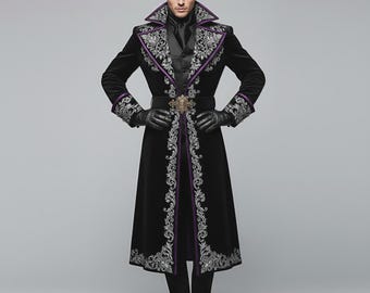 Embroidered Velvet Gothic Trench Coat, Steampunk Victorian Overcoat