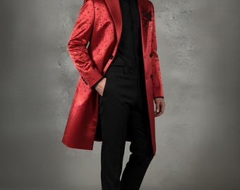 Luxury Men's Red Longline Blazer with Black Embroidery | Designer Prom Suit | Wedding Party Wear Overcoat | Hand-Embellished Red Jacket.