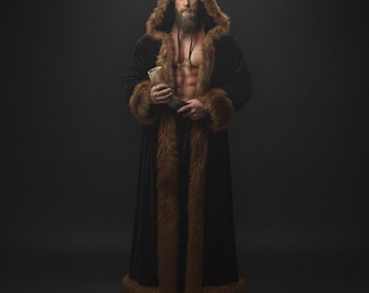Viking inspired Faux Fur Coat, Mens Overcoat, Burning Man Festival jacket, Medieval Coat, Velvet Winter Coat in black color.