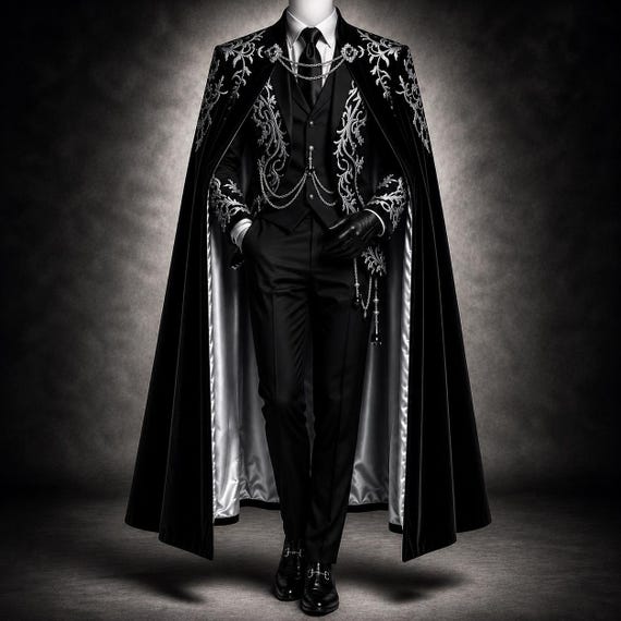 Men's Black And Silver Embroidered Suit with Cape, Gothic Victorian Wedding Groom Outfit, Royal Formal Wear, Luxury Menswear