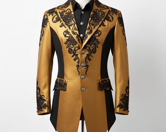 Frac Steampunk de Lujo para Hombre – Chaqueta Gótica Victoriana Negro y Dorado con Bordado – Abrigo de Disfraz Vintage Formal