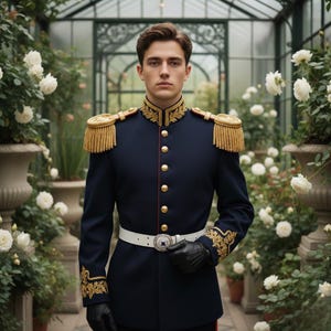 May include: A navy blue military jacket with gold embroidery and fringed epaulettes. The jacket has gold buttons and a white belt with a silver buckle. The person wears black gloves. The background features white roses and a glass greenhouse.