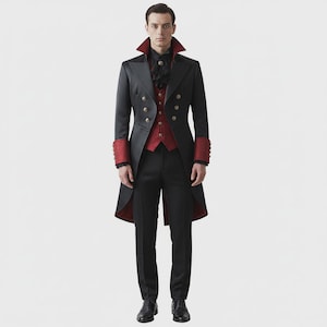 May include: A black tailcoat with red accents, gold buttons, and a matching red vest. The formal wear ensemble includes black trousers and a ruffled shirt. The coat features red cuffs and a red lining, creating a striking contrast.