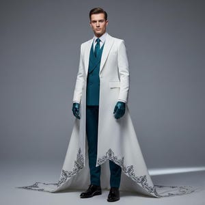 May include: A formal white overcoat with a long train, featuring intricate black embroidery along the hem. The coat is worn over a teal suit, complete with a vest, tie, and gloves. Black dress shoes complete the ensemble.