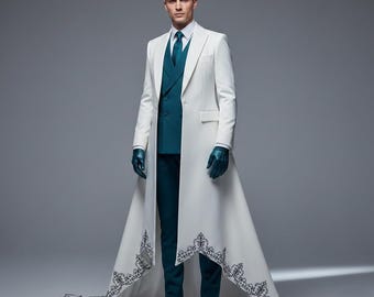 Abrigo largo blanco real para hombre con traje verde azulado de 3 piezas - Traje de novio de boda de vanguardia - Conjunto de frac bordado a medida de estilo victoriano.