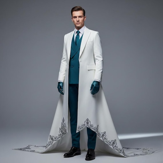 Men's Royal White Long Coat with Teal 3 Piece Suit - Avant-Garde Wedding Groom Outfit - Victorian Style Bespoke Embroidered Tailcoat Set.