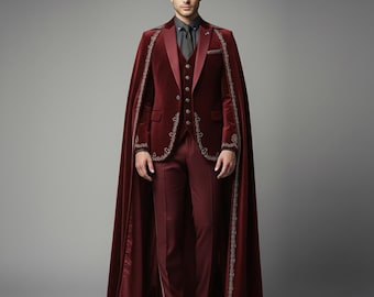 Burgundy Velvet Men's Suit with Cape | Embroidered Wedding Tuxedo | 3 Piece Groom Wear | Royal Prom Outfit.