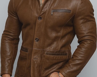 メンズブラウンレザーブレザー - クラシックスリムフィットカジュアル